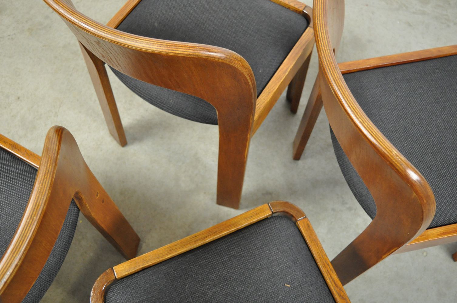 Vintage dining table set with plywood chairs and wooden table with slate inlay, 70s
