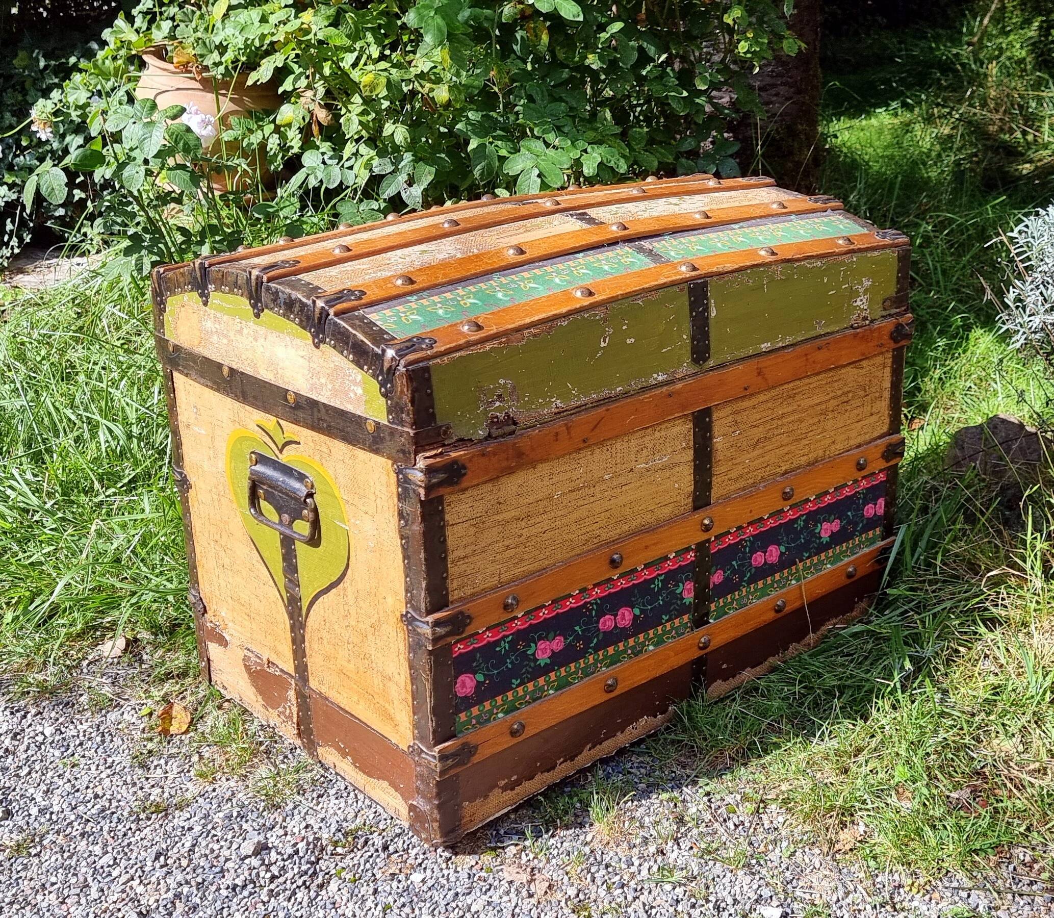 Wooden trunk vintage patchwork decor