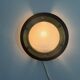 Pair of round glass wall lights, brass base and Wood Wood, 1960s, Italy.
