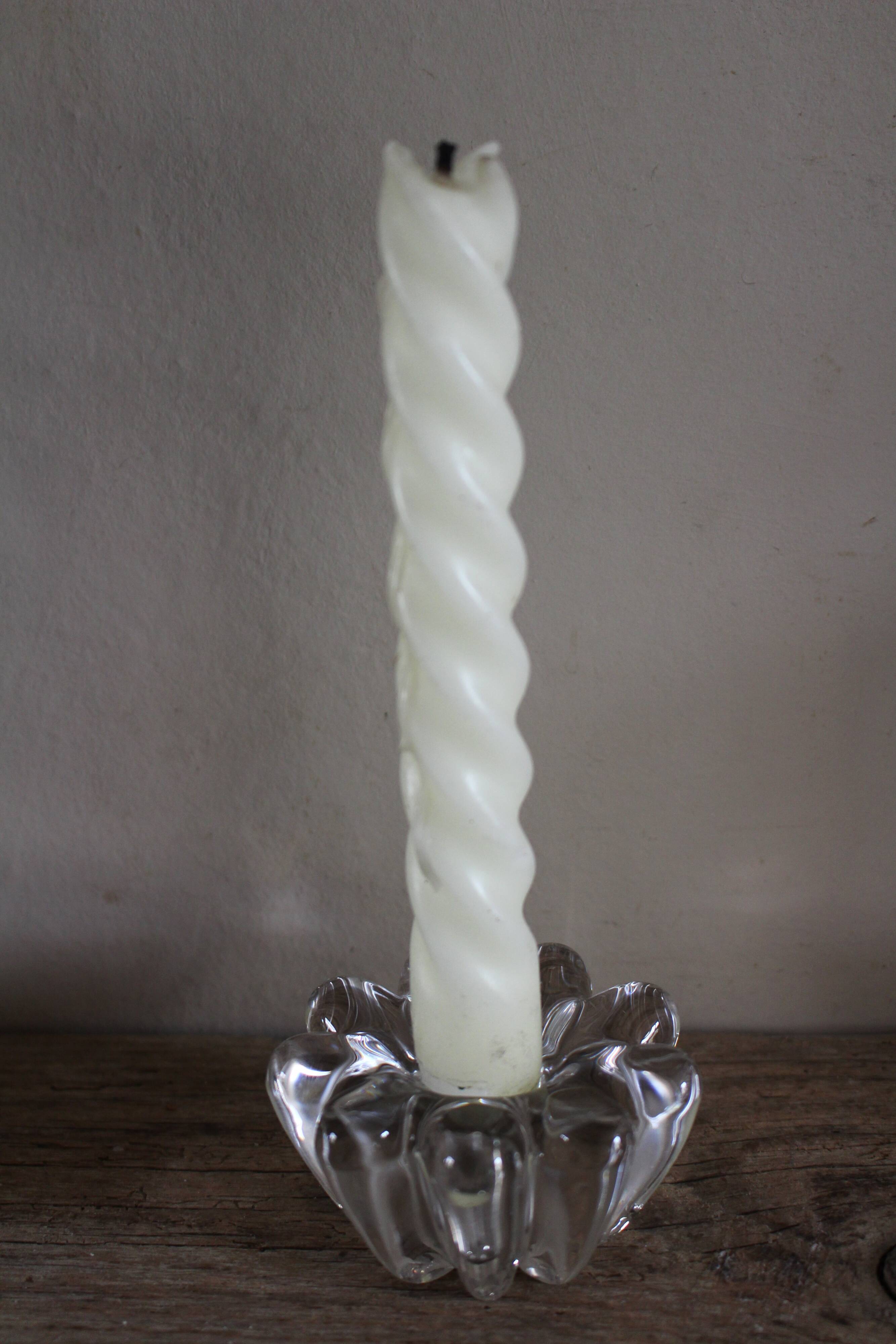 Set of 2 vintage glass candle holders with flower carving