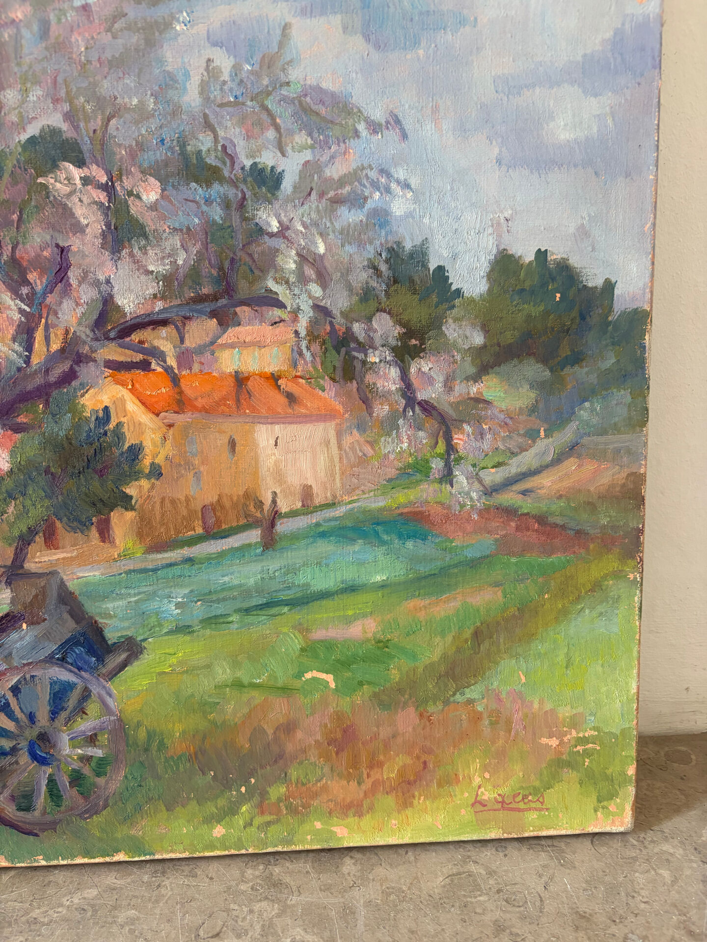 Under the cherry tree in bloom, oil on canvas signed Lacas.