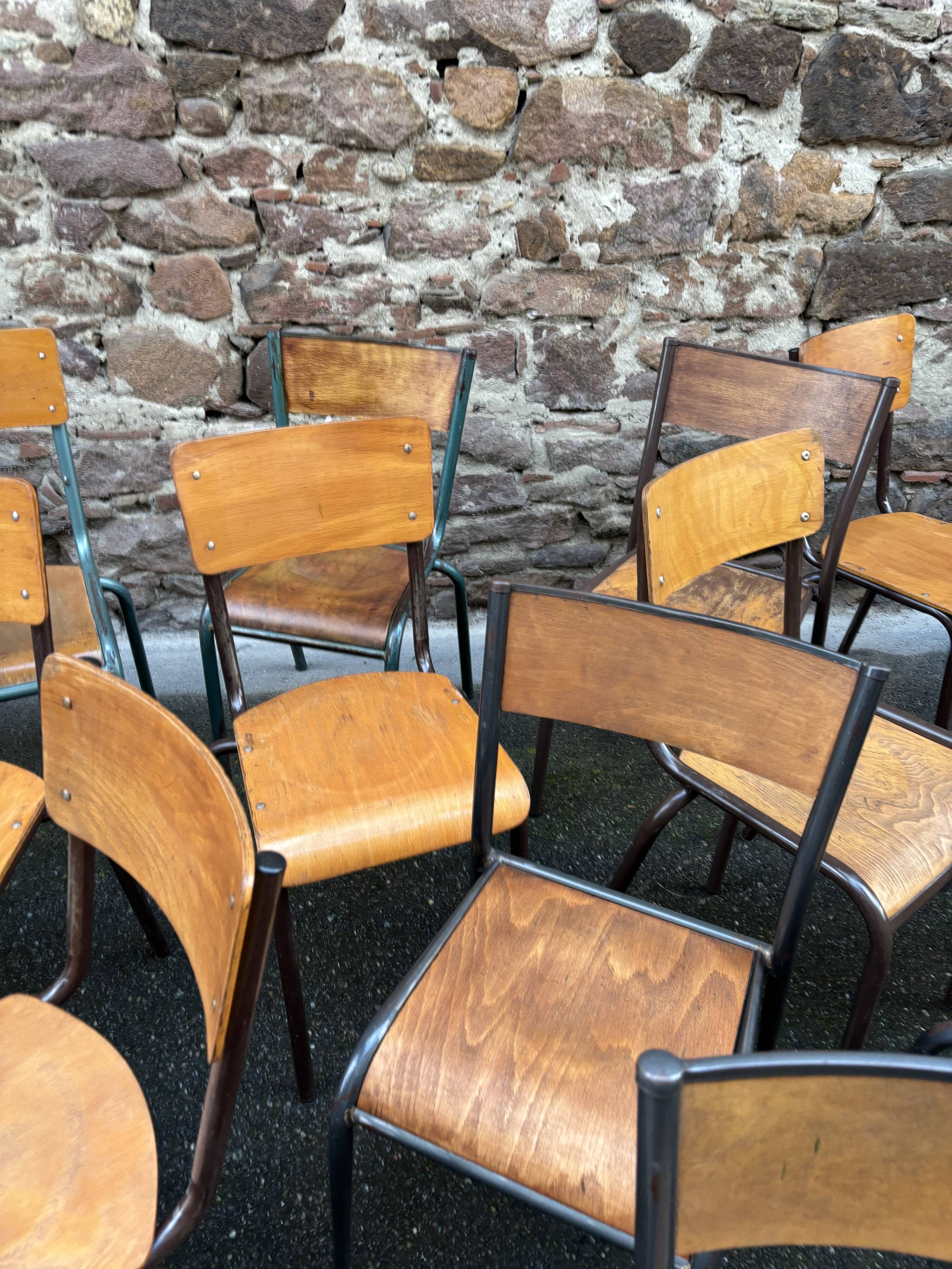 30 mismatched vintage industrial school chairs MULLCA tube & wood
