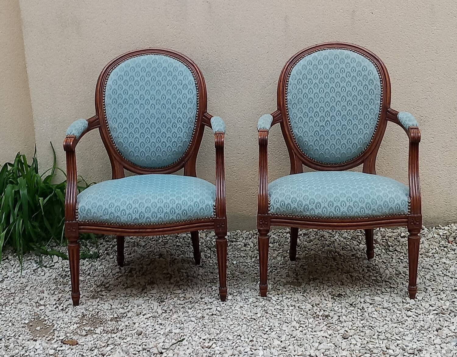 Pair of Louis XVI style medallion armchairs