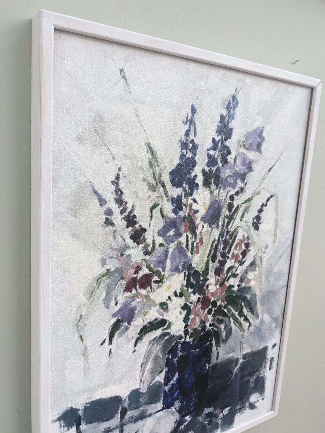 1983 Modern "Flowers & Shell" Swedish Floral Still Life Oil Painting, Framed