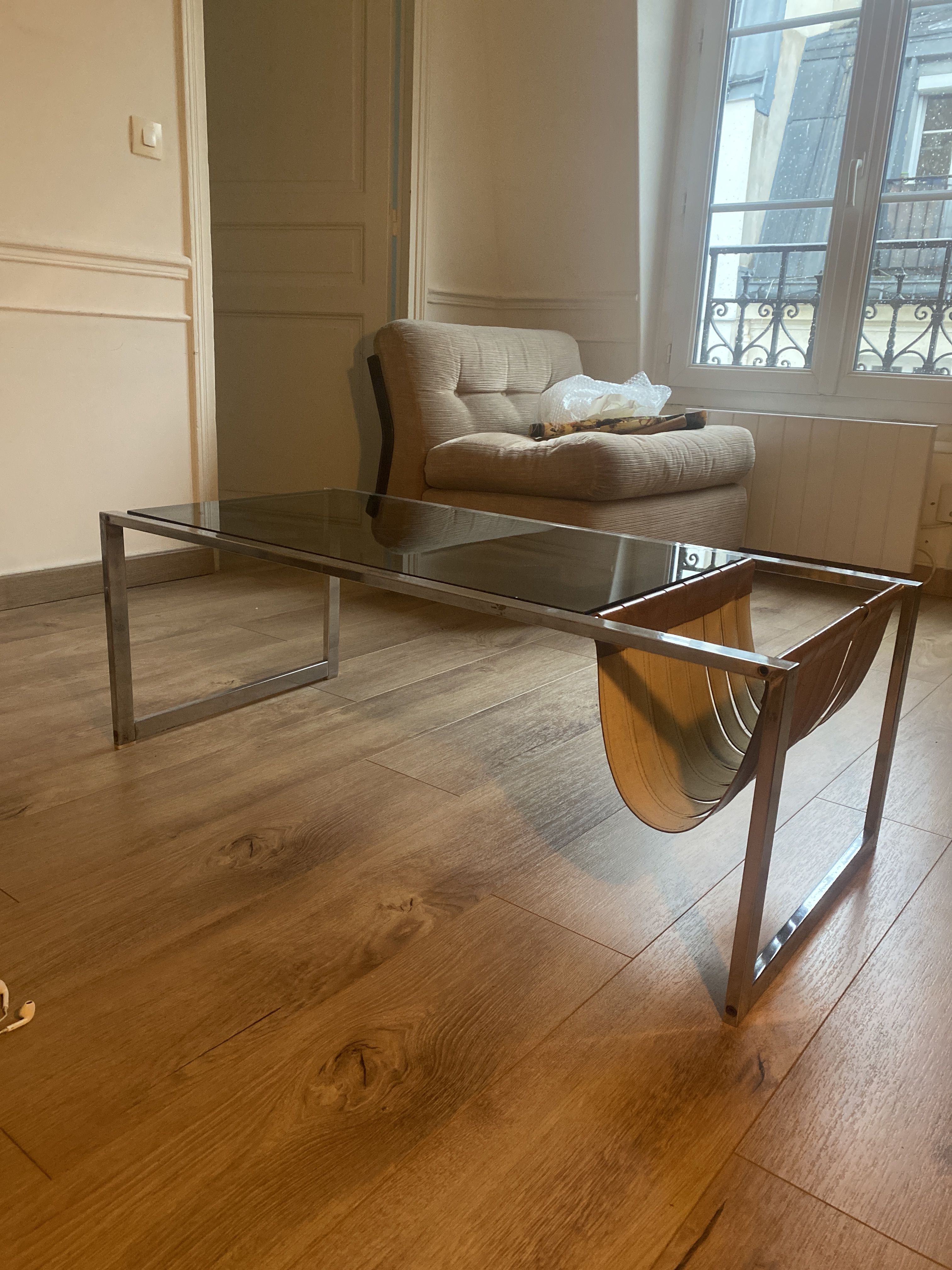 Stainless steel and glass coffee table with revised door with leatherette straps design 1970