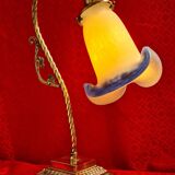 Art deco bronze lamp and its white and blue glass paste tulip 40x30