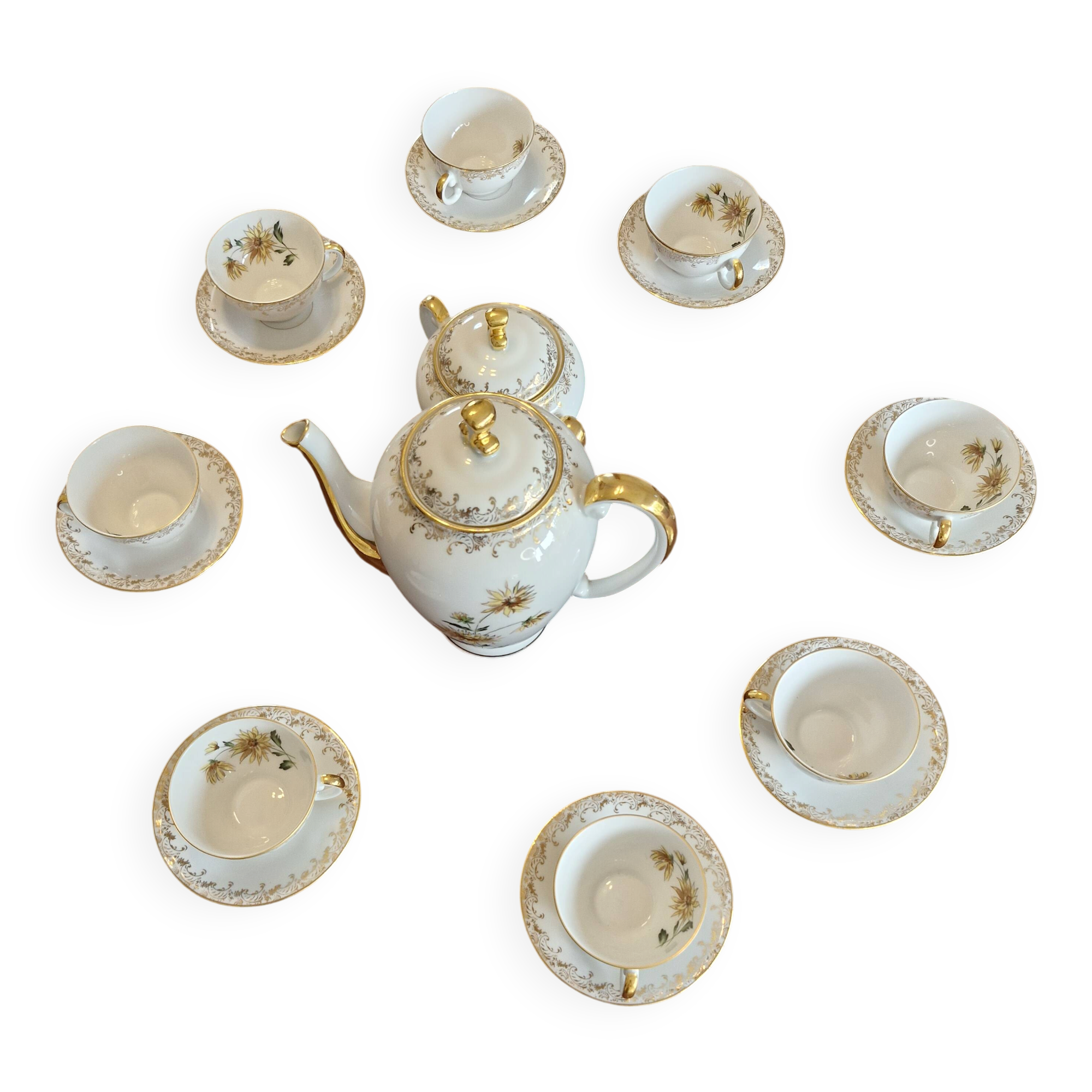 Antique coffee service in longwy porcelain – floral decoration and gilding –