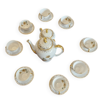 Service à café ancien en porcelaine de longwy – décor floral et dorures –