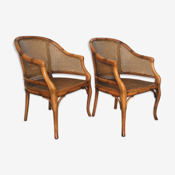 Paire de fauteuils bois et cannage