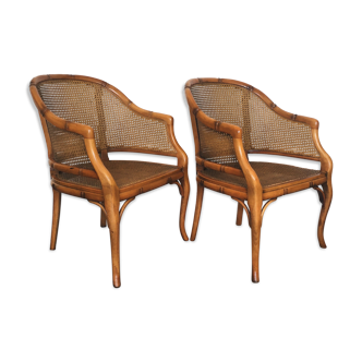 Pair of wooden and cannage armchairs