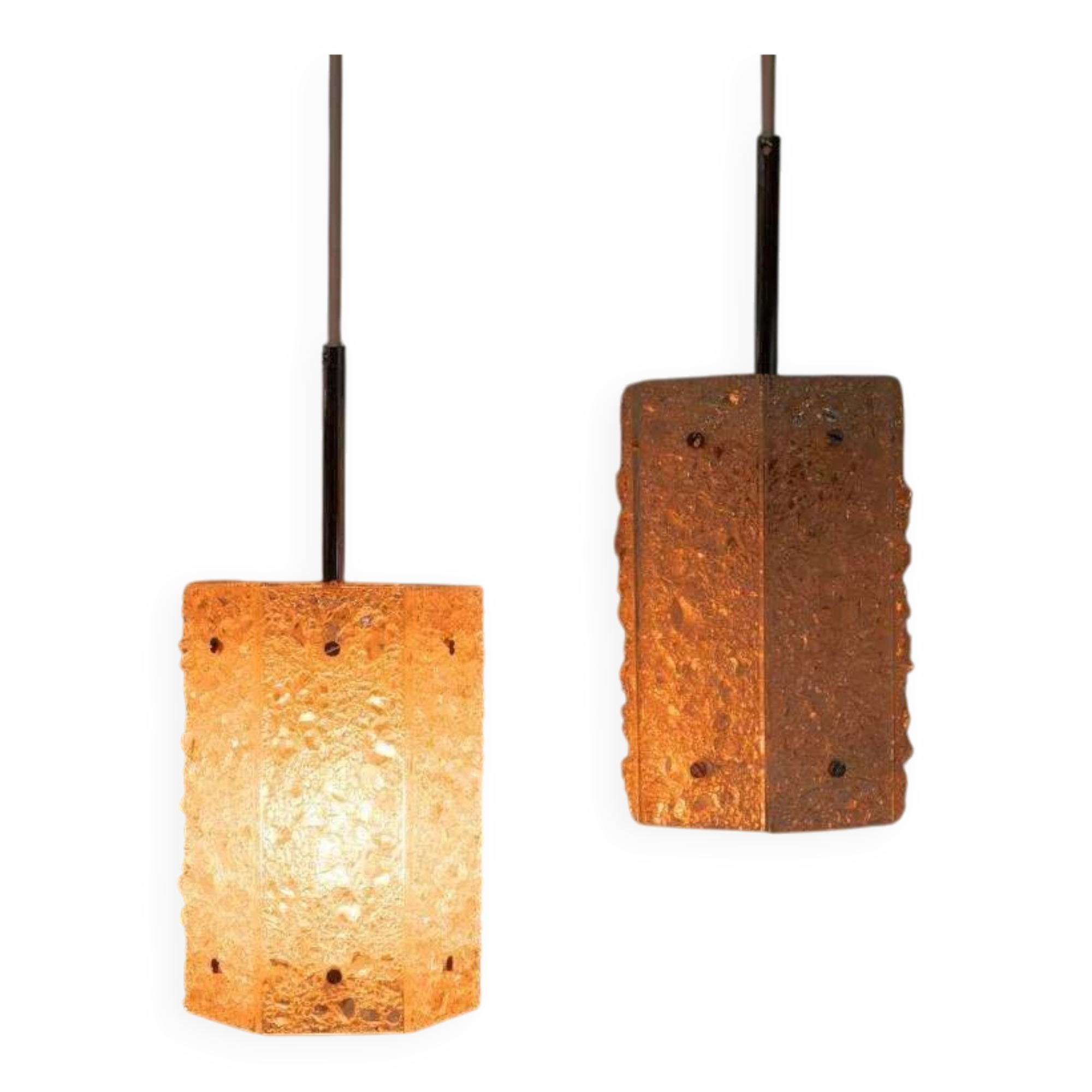 Vintage hexagonal glass and chrome pendant lamp from the 1960s.