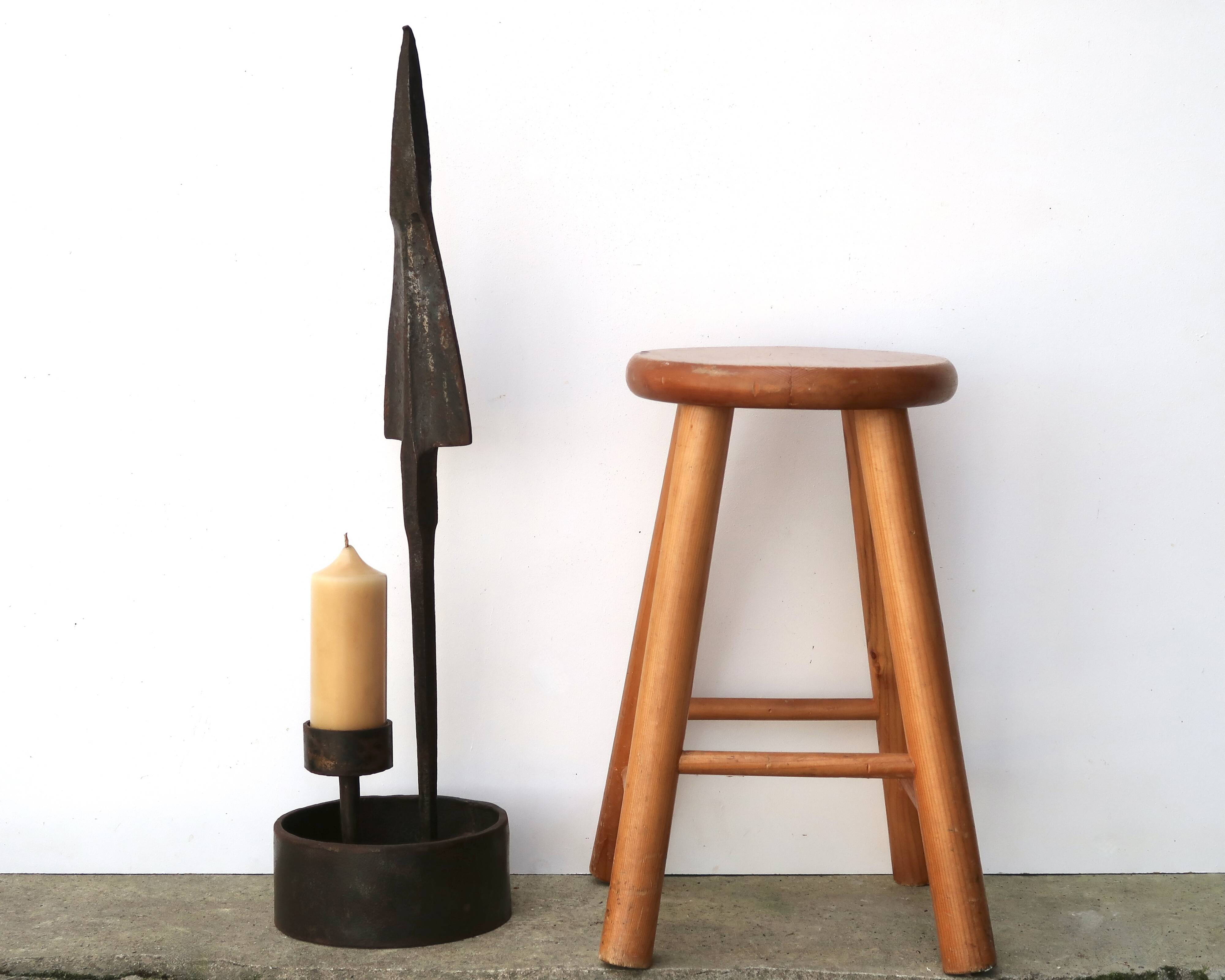 Imposing brutalist wrought iron candlestick "spear", signed, 1950s.