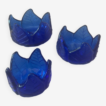 Trio of vintage cobalt blue molded glass candle holders