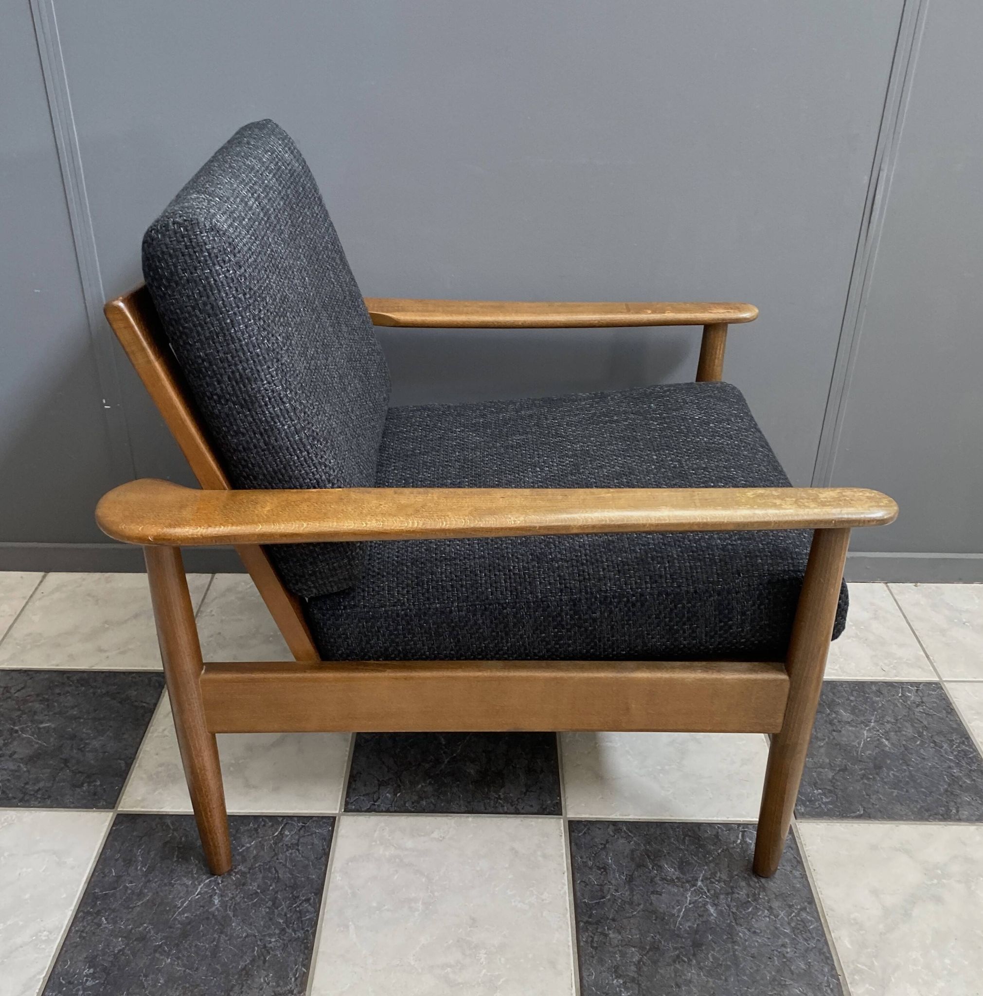 Black fabric relax chair, wiht wood frame 1960s