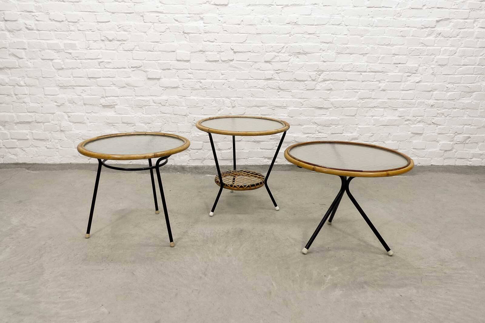 Mid-Century Set of Three Round Rattan and Glass Side Tables, 1960s