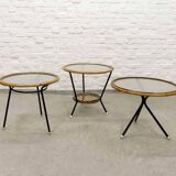 Mid-Century Set of Three Round Rattan and Glass Side Tables, 1960s