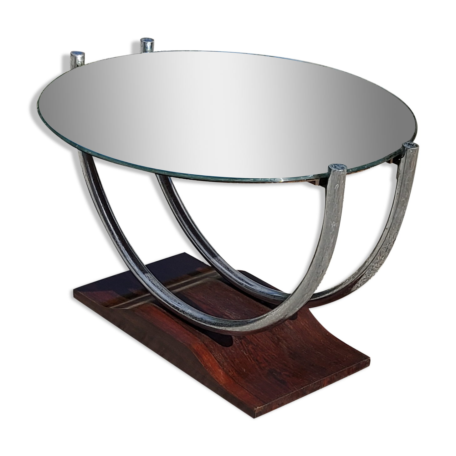 Art deco coffee table mirror base chrome and rosewood
