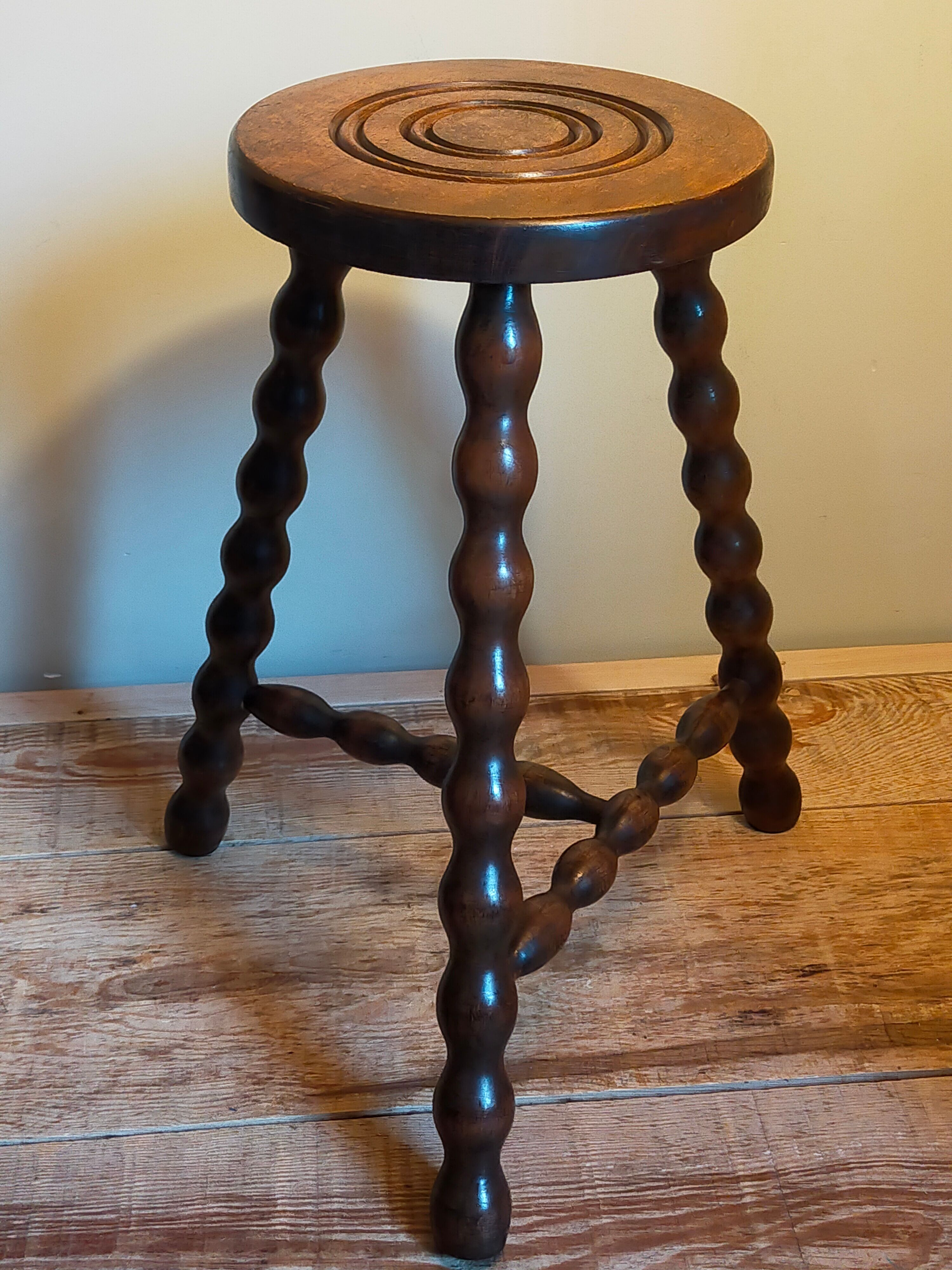 Tripod stool solid wood turned vintage