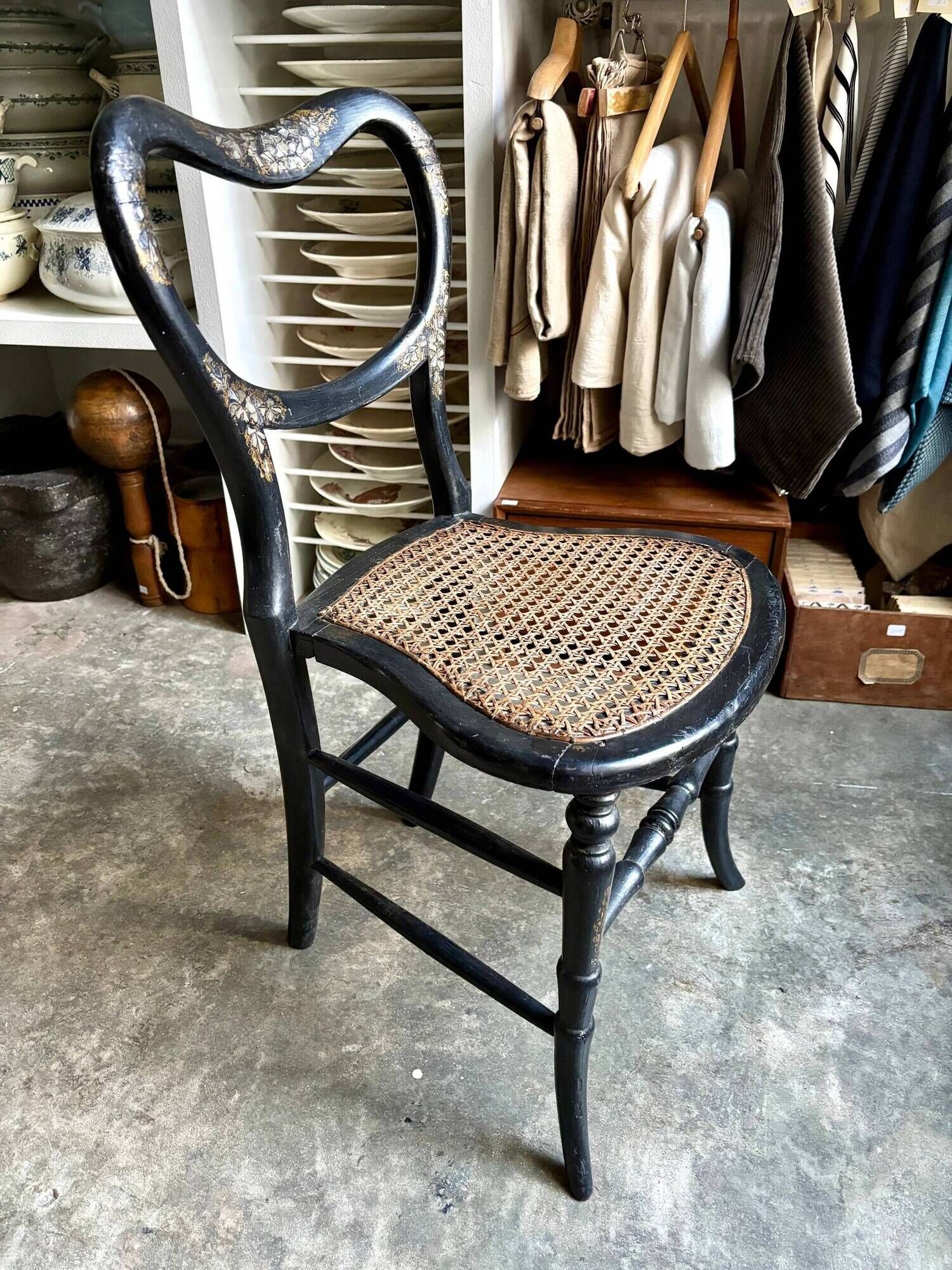 Napoleon III chair in black wood, mother-of-pearl and caning no. 1