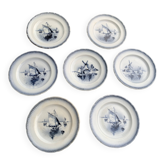 Série de 7 petites assiettes a dessert, saint amandinoire, saint amand a décor de voiliers