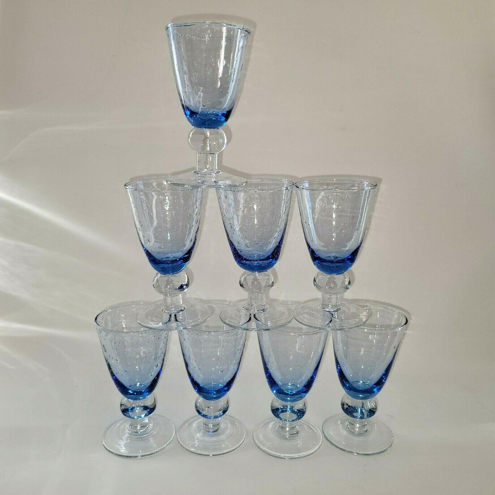 8 vintage blue bubble blown glass walking glasses