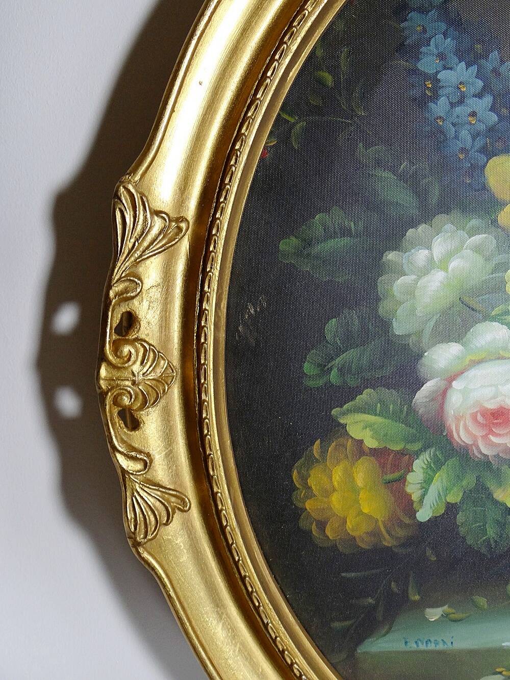 Large oil on canvas bouquet medallion wooden frame gilded stucco vintage