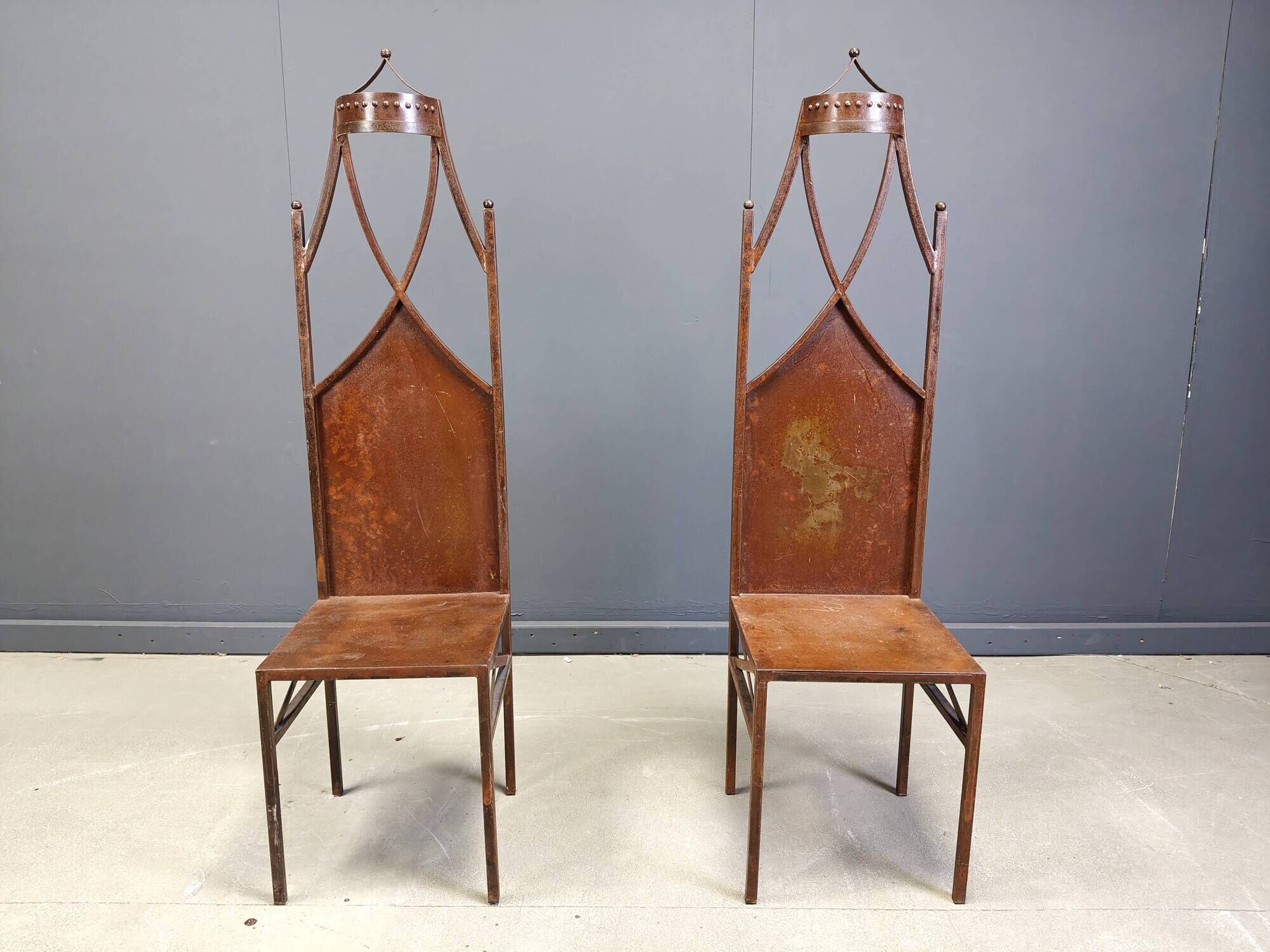 Pair of gothic french high back side chairs, 1960s