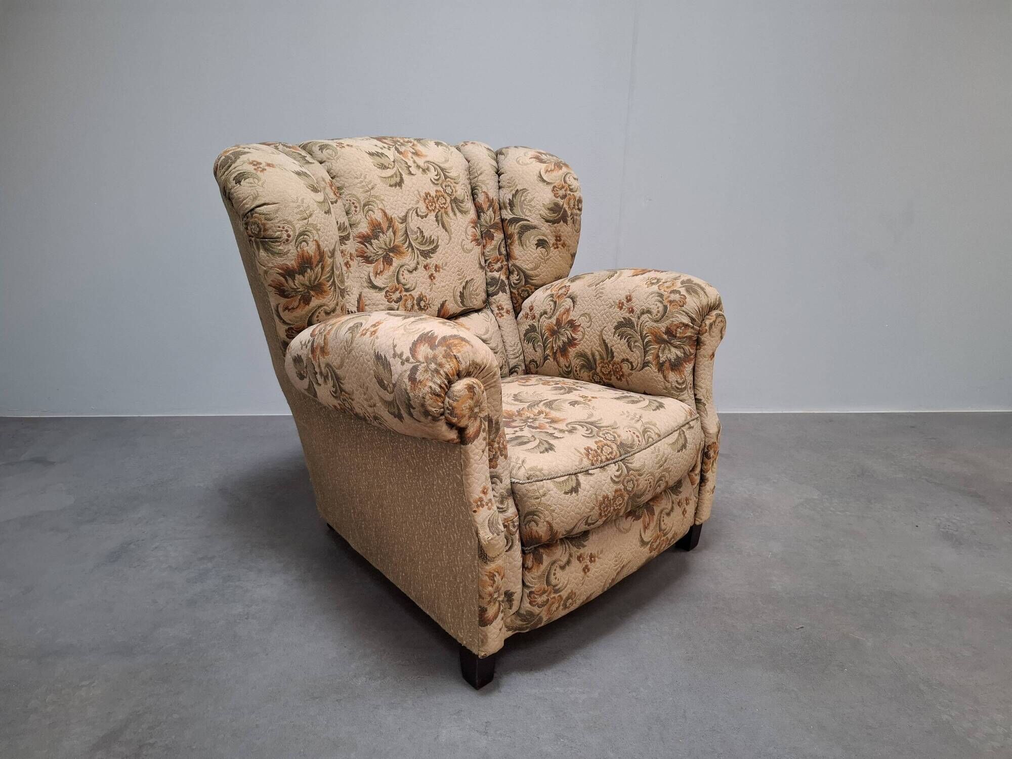 1930s Art Deco Czech Floral Upholstered Wingback Armchair