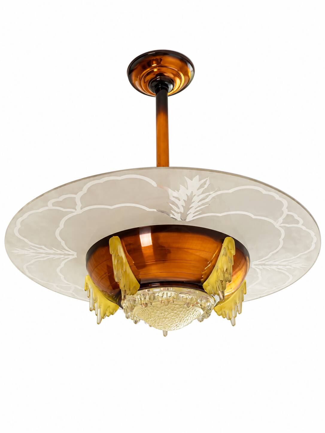 Art Deco pendant light in amber glass and etched glass – Ø 55 cm