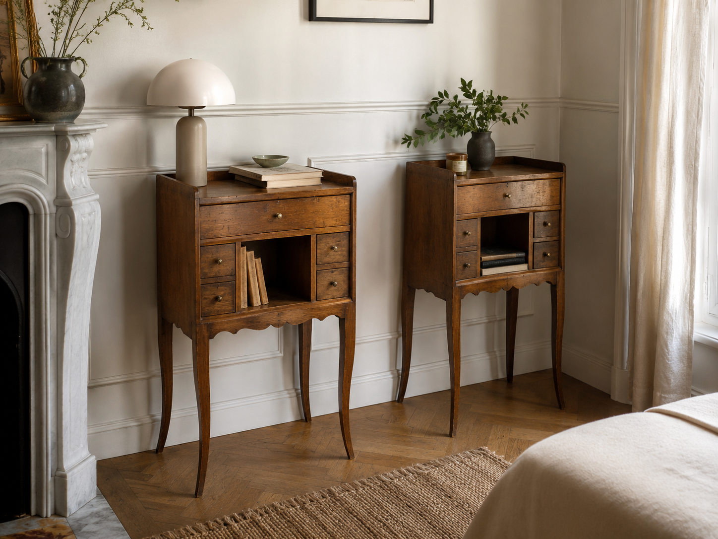 Pair of Louis XV bedside tables with a concave front – 5 drawers, end table.