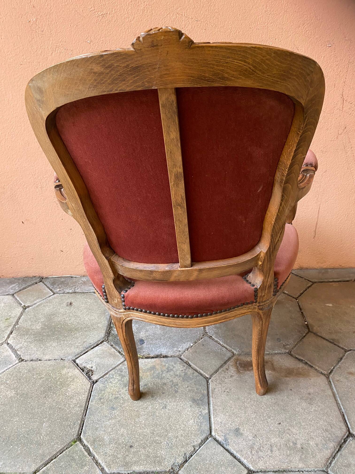 Pair of louis xv style bergeres armchairs with pink velvet armrests