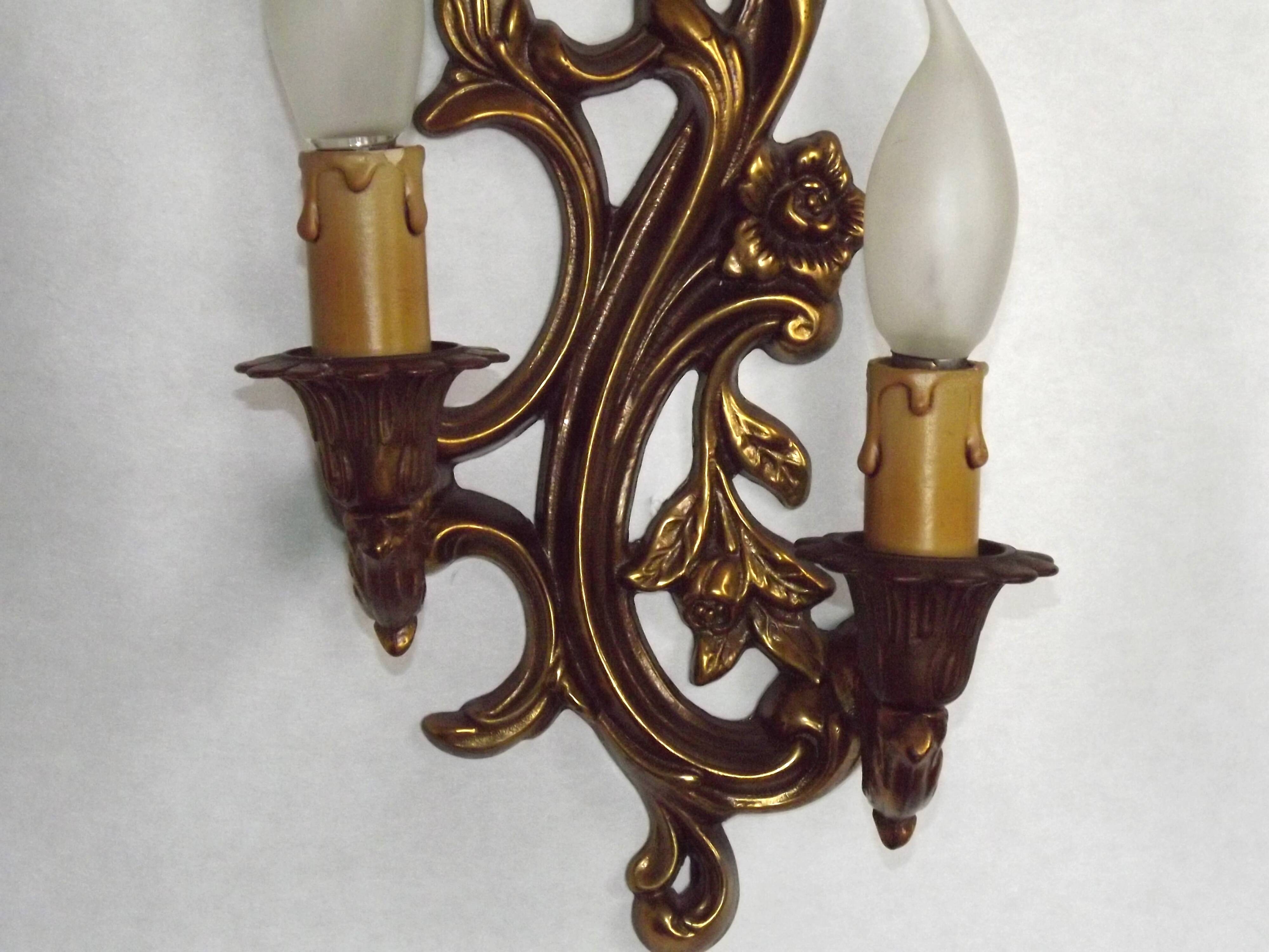 Pair Vintage French Bronze Double Wall Lights Acanthus Leaf & Flower Detail