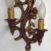 Pair Vintage French Bronze Double Wall Lights Acanthus Leaf & Flower Detail