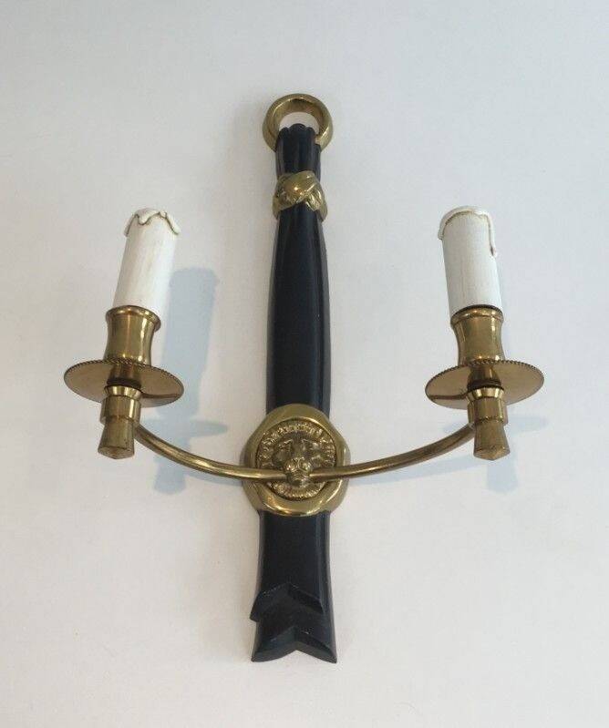 Pair of Black Lacquered Bronze Wall Lights with Lion Head Decorations