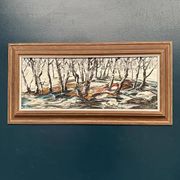 Oil on Swedish panel - "Forest in Winter" - Signed - Vintage and Framed