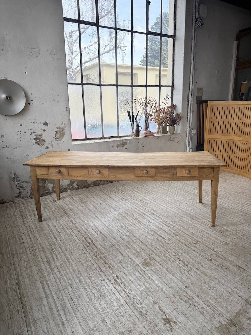 Pine and oak farmhouse table with multiple drawers, communal type, 240cm.