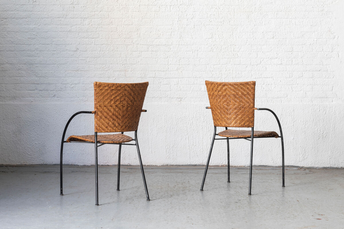 Set of 4 stackable dining chairs in steel and rattan, 1970s