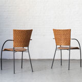 Set of 4 stackable dining chairs in steel and rattan, 1970s