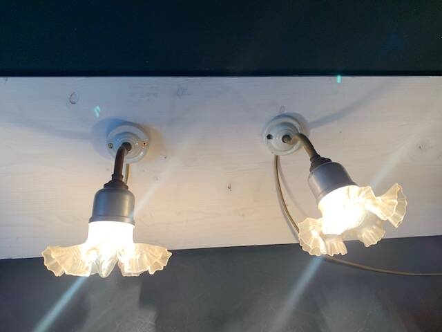 Pair of old wall lights, glass and iron tulip, 1920