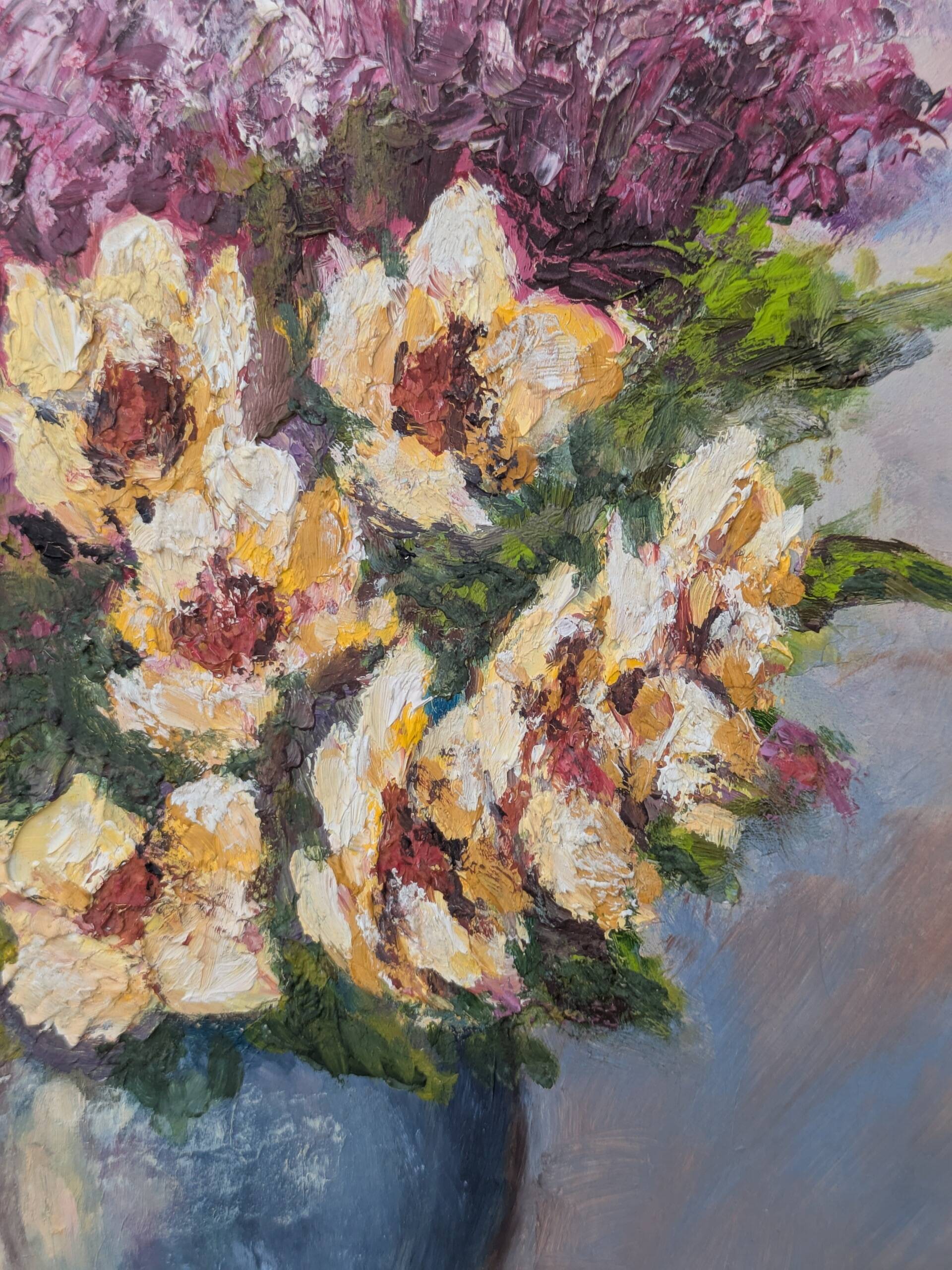 Bouquet of flowers, oil on cardboard