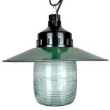 Industrial bakelite green enamel pendant light with ribbed glass, 1970s