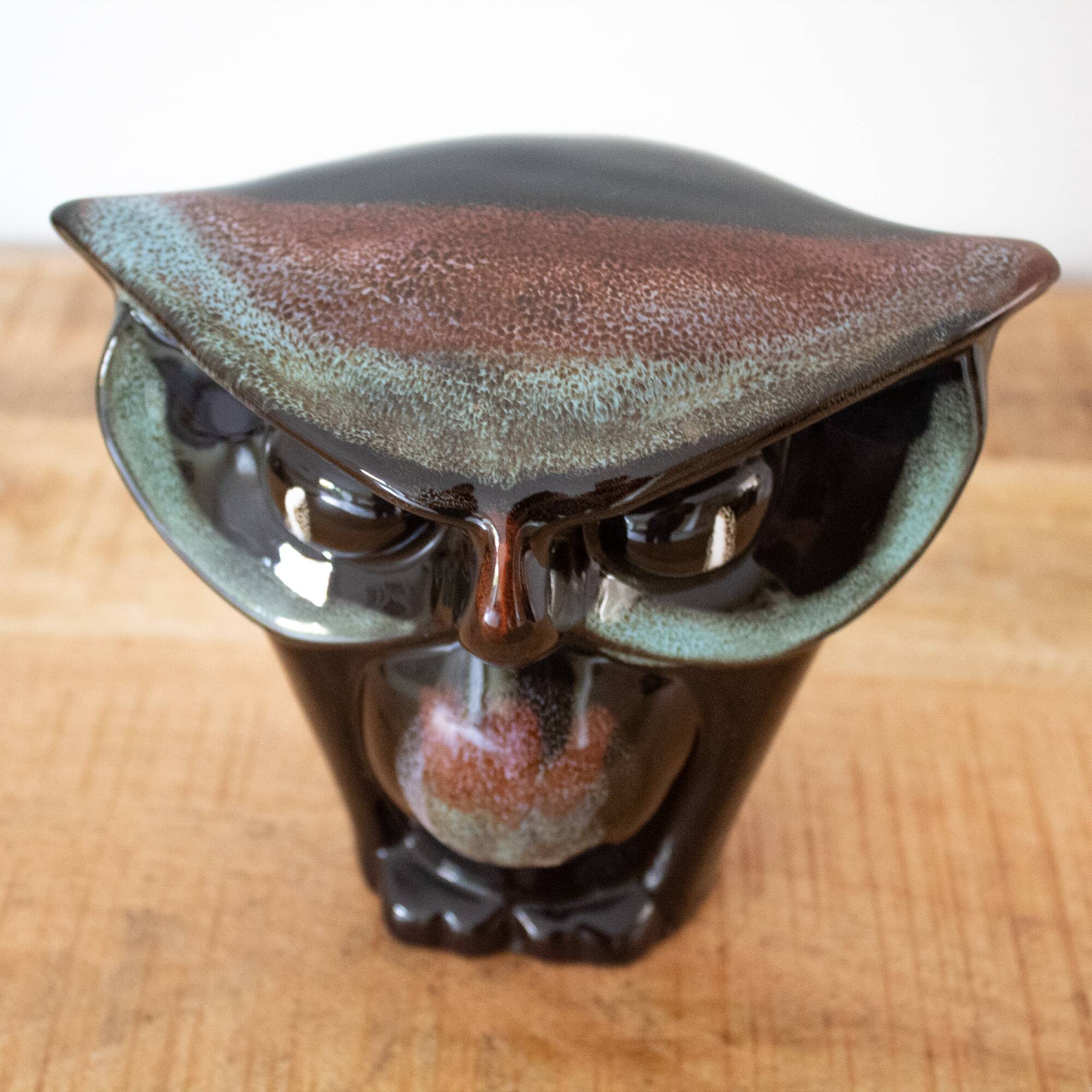 Vintage Dark Ceramic Owl Figurine: Hand Made Glazed Pottery, Bird Design