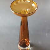 Two vintage Scandinavian double-layered amber blown glass candlesticks
