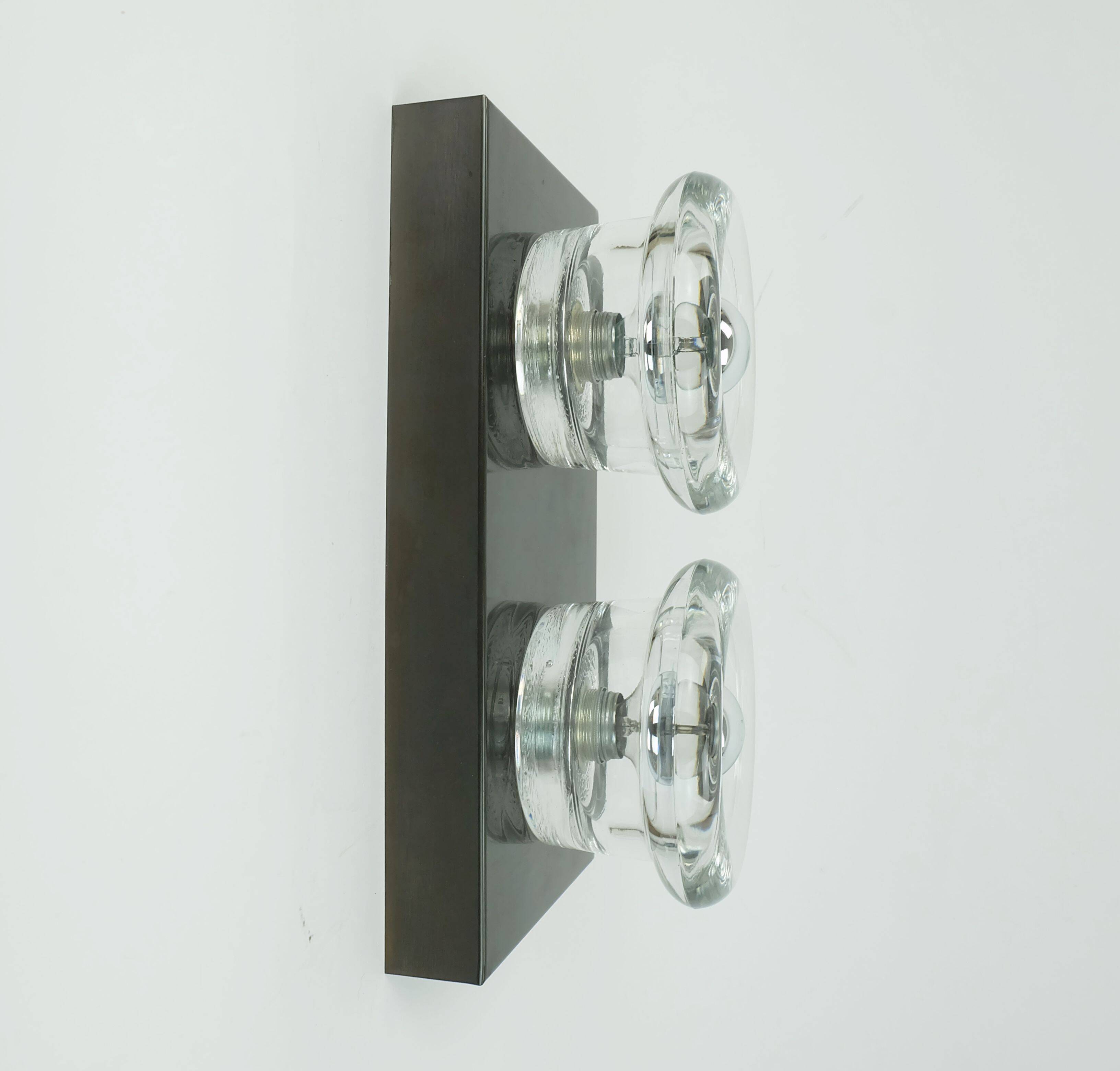 1960s 70s space age sconce by cosack-leuchten 2 thick glass shades and meta