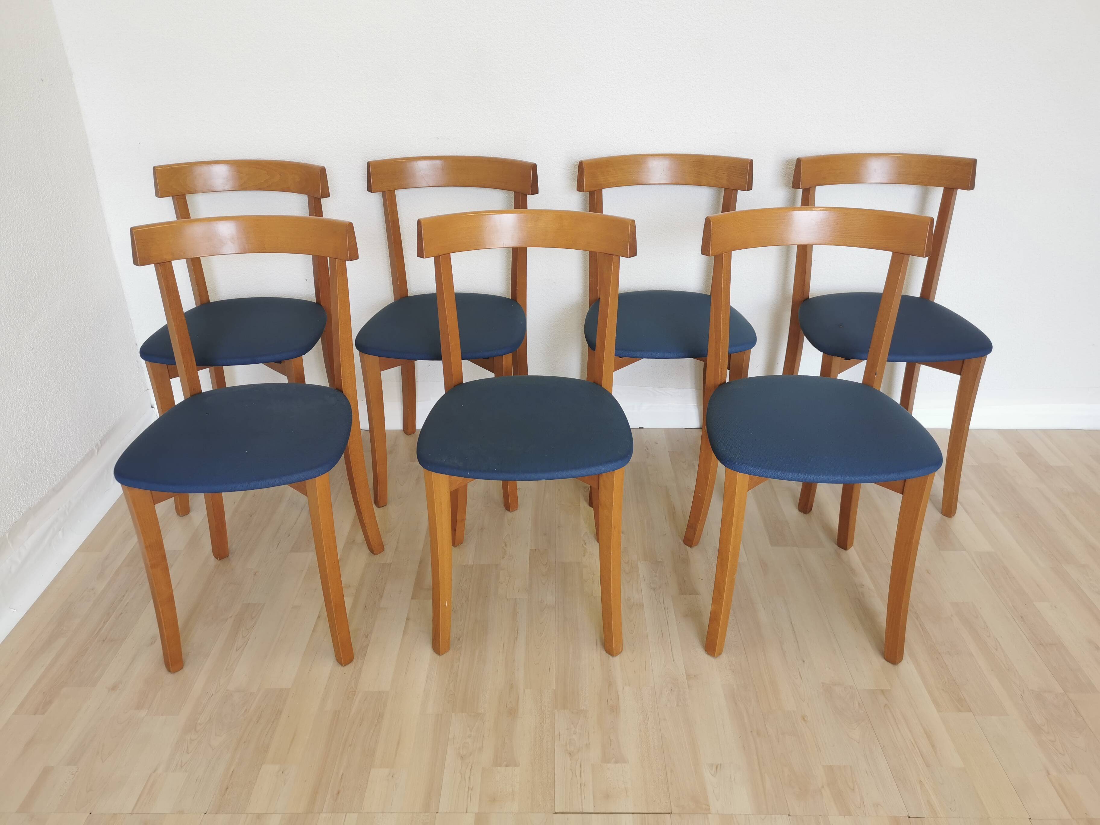 Set of 7 Vintage Calligaris Dining Chair: 1990s Italian Wooden Artek Style
