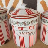 Old series of enamelled sheet metal spice pots