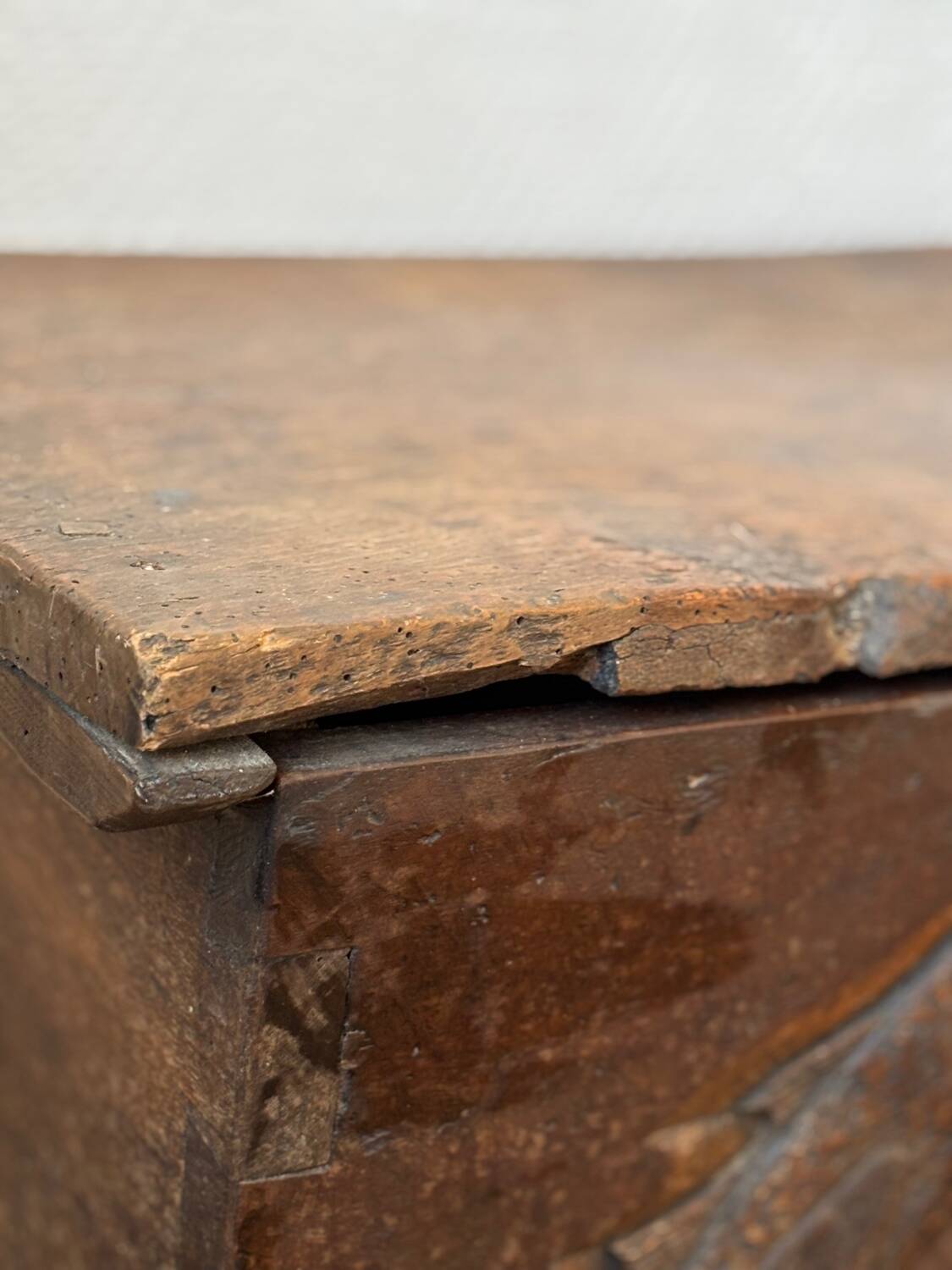 Old Spanish chest with a carved inscription — “I am from Jerónimo Vázquez”