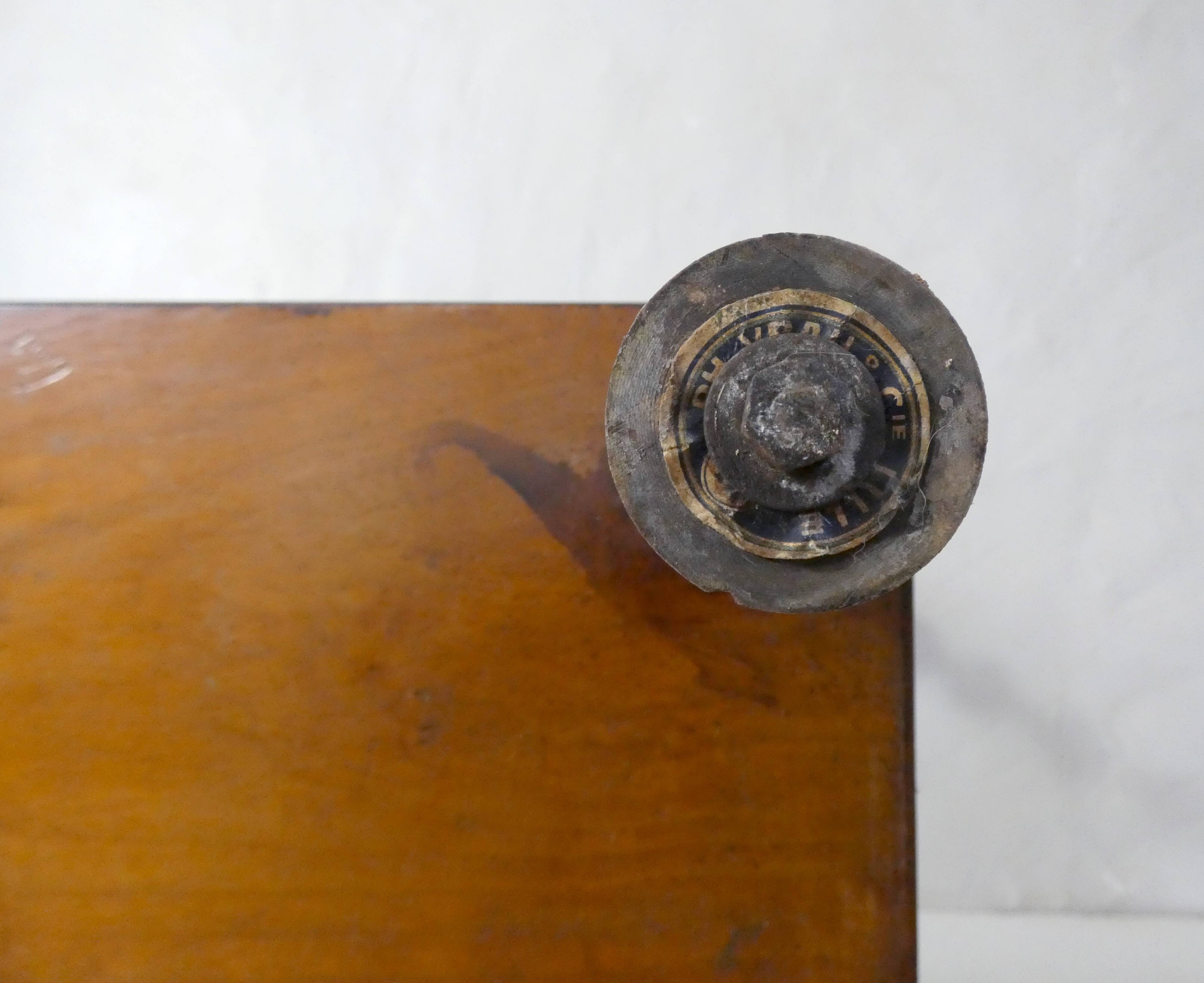 Antique wooden shelf with DMC spools – Industrial sideboard