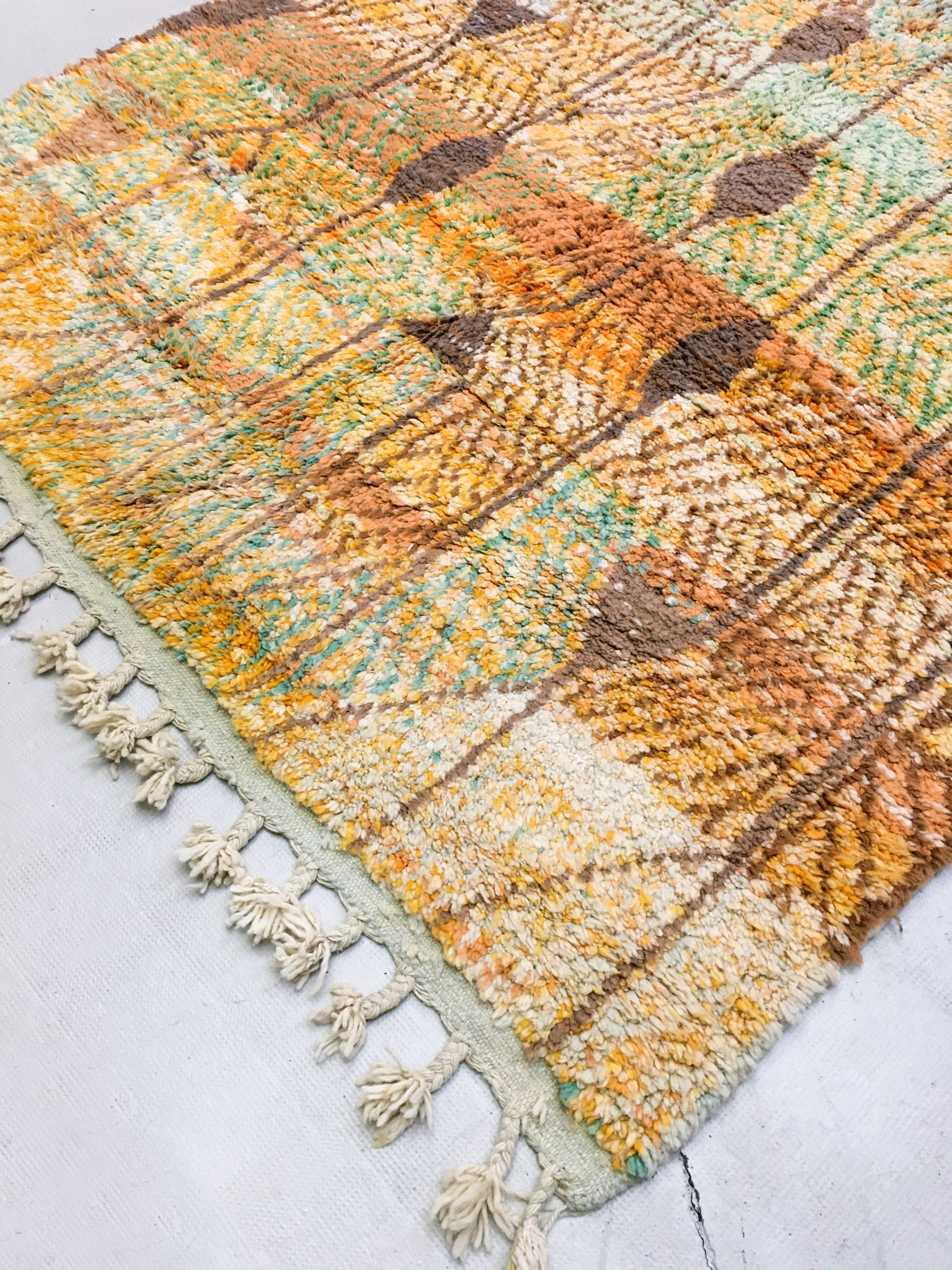 Moroccan Berber rug Boujaad ochre with colorful patterns 297x197cm