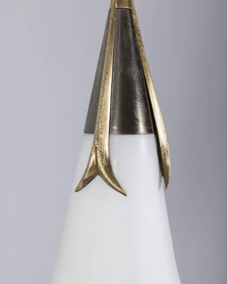 Vintage 1960s brass and opaline glass chandelier, designed by Stilnovo